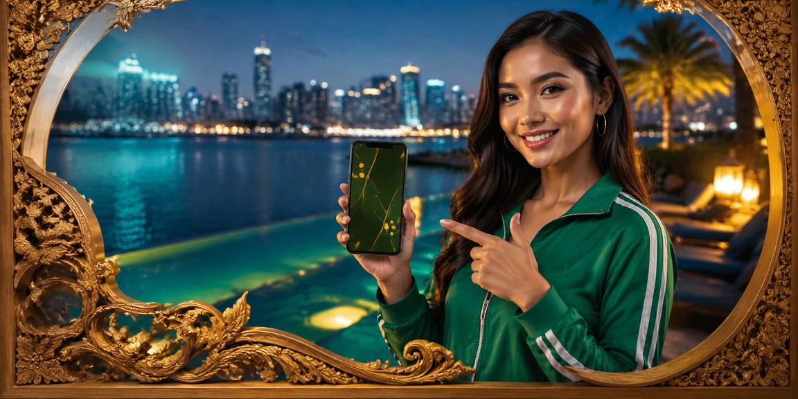Model perempuan Vietnam memegang ponsel dengan tampilan platform VIP yang elegan